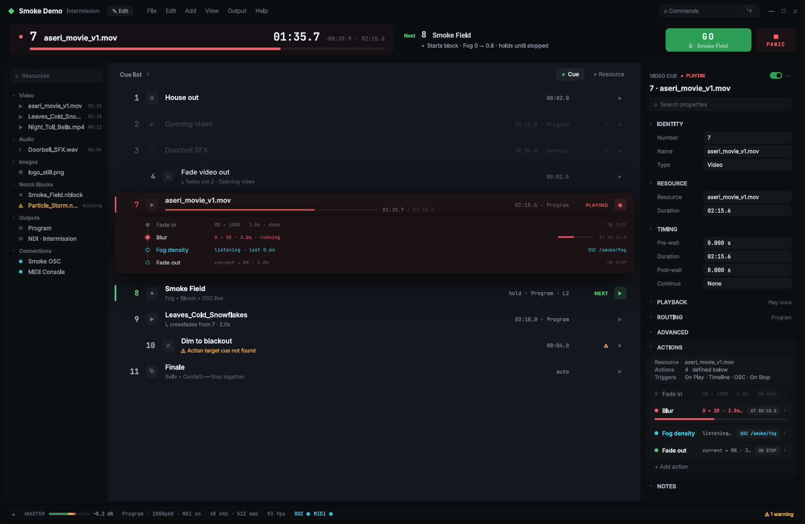 Showmesh operator interface: cue list, transport strip with NOW / NEXT and GO, and live system state